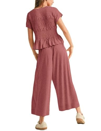 Antnation Womens 2 Piece Smocked Top Wide-Leg Pants Set High-Waisted Lounge Outfit with Pockets Casual Boho Matching Set thumbnail 5