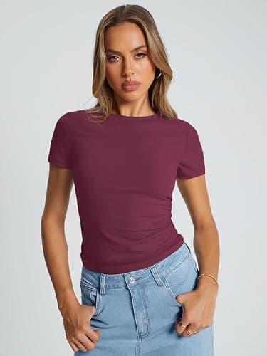 Trendy Queen Womens Basic T Shirts Summer Tops 2025 Crop Short Sleeve Slim Fit Tee Cute Gym Workout Clothes thumbnail 2