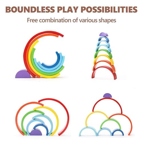 TUOWITA Wooden Rainbow Stacking Toy, Large Wood Stacker Arch Game, Montessori Arch Bridge Rainbow Building Blocks, Colorful Stacking Blocks Puzzles for Kids 3 4 5 Years Old, Rainbow Decor (8 Layers) thumbnail 4