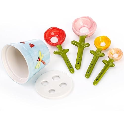 Blue Ceramic Measuring Cups and Spoons Set with Pot Holder, Cute Kitchen Baking Tools, Dishwasher Safe for Dry & Wet Ingredients, Unique Baking Gifts thumbnail 4