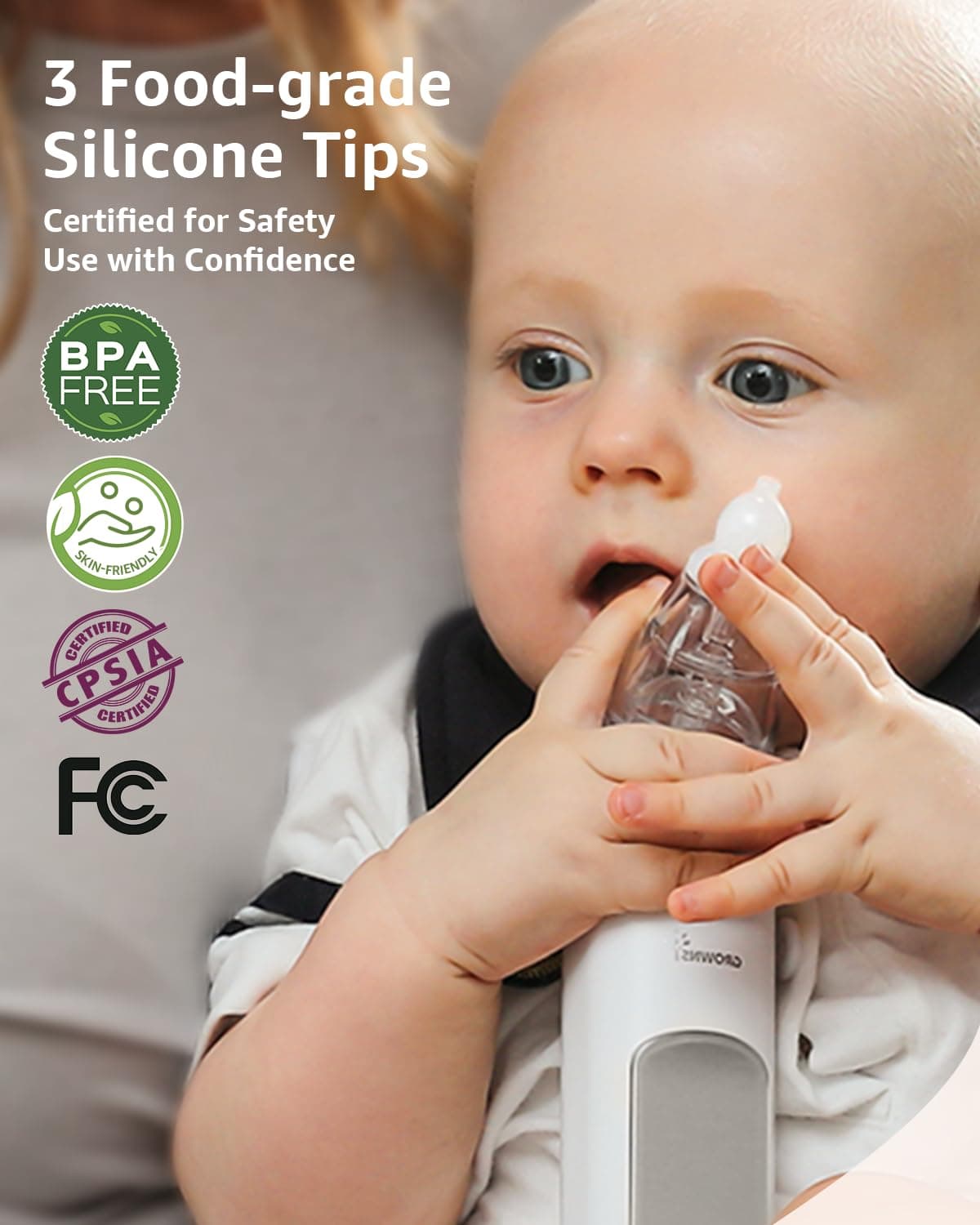 GROWNSY Nasal Aspirator for Baby, Electric Nose Aspirator for Toddler, Baby Nose Sucker, Automatic Nose Cleaner with 3 Silicone Tips, Adjustable Suction Level, Music and Light Soothing Function (Gray) thumbnail 9