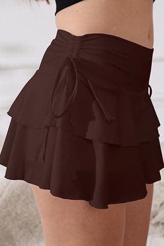 PRSFPN Women's Y2k Mini Ruffle Skirts with Shorts Tiered Layers Cute Elastic Waist Coquette Skort Drawstring Side Bow Tie thumbnail 5