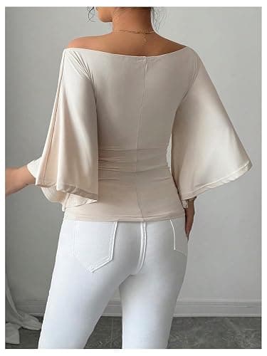 OYOANGLE Women's Bell Sleeve Tops Off The Shoulder T Shirts Slim Fitted Dressy Casual Blouses thumbnail 3