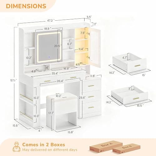 DICTAC Makeup Vanity Desk with Sliding LED Lighted Mirror, 47.2"W Large Vanity Desk with Drawers, Shelves and Side Storage, RGB Glass Cabinet, White Vanity Table Set with Charging Station for Bedroom thumbnail 2