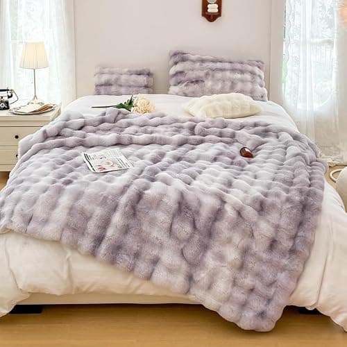 H&D Faux Fur Throw Blanket for Couch,Fluffy Cozy Soft Plush Luxury Thick Fuzzy Fleece Blanket for Couch Bed Sofa Bedroom Living Room,Comfy Bubble Blanket thumbnail 7