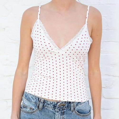 Seyurigaoka Women Y2k 2 Piece Lace Shorts Set Sleeveless V Neck Cami Top with Shorts Pajamas Sets Sleepwear - A Heart Print White - Small thumbnail 5