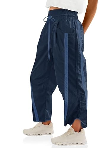 Fisoew Women's Baggy Wide Leg Pants Casual Drawstring Elastic Waisted Contrast Color Workout Y2K Track Pants - Image 1