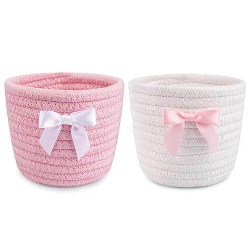 Hkojewp 2 Pack Bow Makeup Brush Holder- Mini Woven Cotton Rope Small Oval Basket with Bow Decor, Comb Brushes Storage Decorative Basket for Pencil Cosmetics Organizer Gift for Women,4 x 4 IN - Image 1