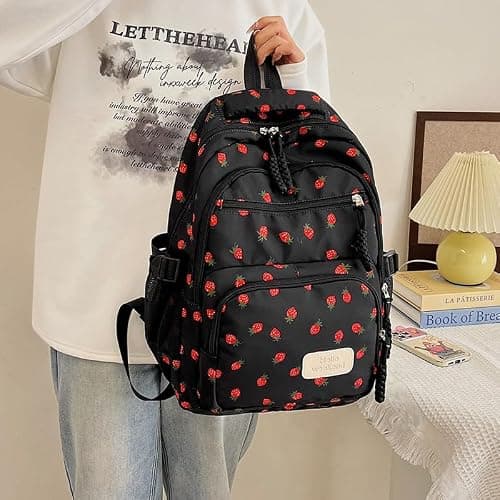 jingyuKJ Coquette Strawberry Backpack - Cute Kawaii Backpack Set Aesthetic Daypack Cute Rucksack (B02 Strawberry Black) thumbnail 4