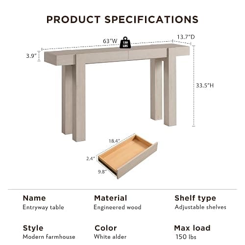 OKD Modern Farmhouse Entryway Table with 2 Drawers, 63" Wooden Console Table for Hallway, Sofa and Living Room, White Alder thumbnail 2