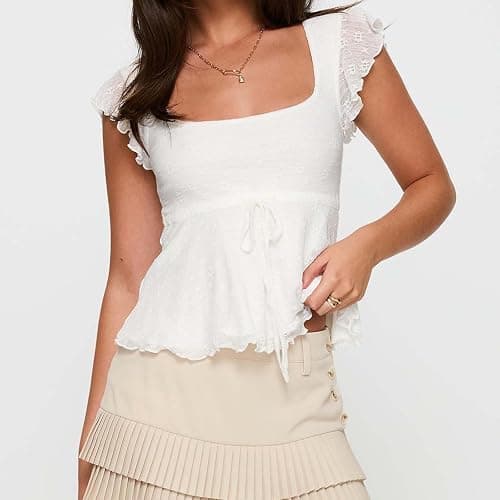 Women Y2k Lace Babydoll Top Square Neck Cap Sleeve Ruffle Peplum Tops Teen Girls Cute Floral Flowy Going Out Tops thumbnail 2