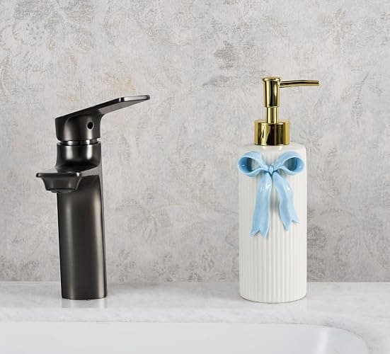 NEWHENGS Handmade Ceramic Bow Soap Pump Dispenser Hand Lotion Liquid Dispenser Refillable for Kitchen and Bathroom Decorative (Ribbon Blue) thumbnail 2