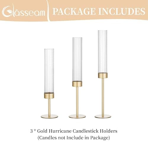 Gold Hurricane Taper Candle Holders: Glasseam 3Pcs Brass Candlestick Holders with Ribbed Glass Cylinder Cover Fluted Tall Candle Sticks Holder Decor for Table Centerpiece Wedding Christmas Decorations thumbnail 8