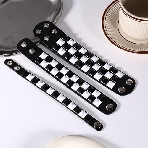 3 Piece Black White Checkered Leather Studded Punk Bracelet, Adjustable Genuine Wristband for Men Women, Gothic Halloween Accessories thumbnail 4