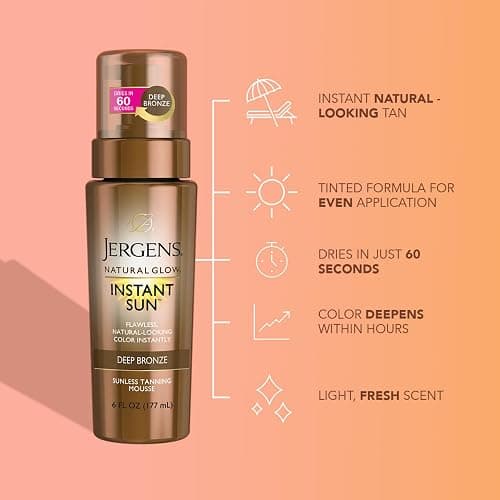 Jergens Natural Glow Instant Sun Body Mousse, Self Tanner for Deep Bronze Tan, Sunless Tanning Body Bronzer for Natural Looking Color Instantly, 6 Oz thumbnail 3
