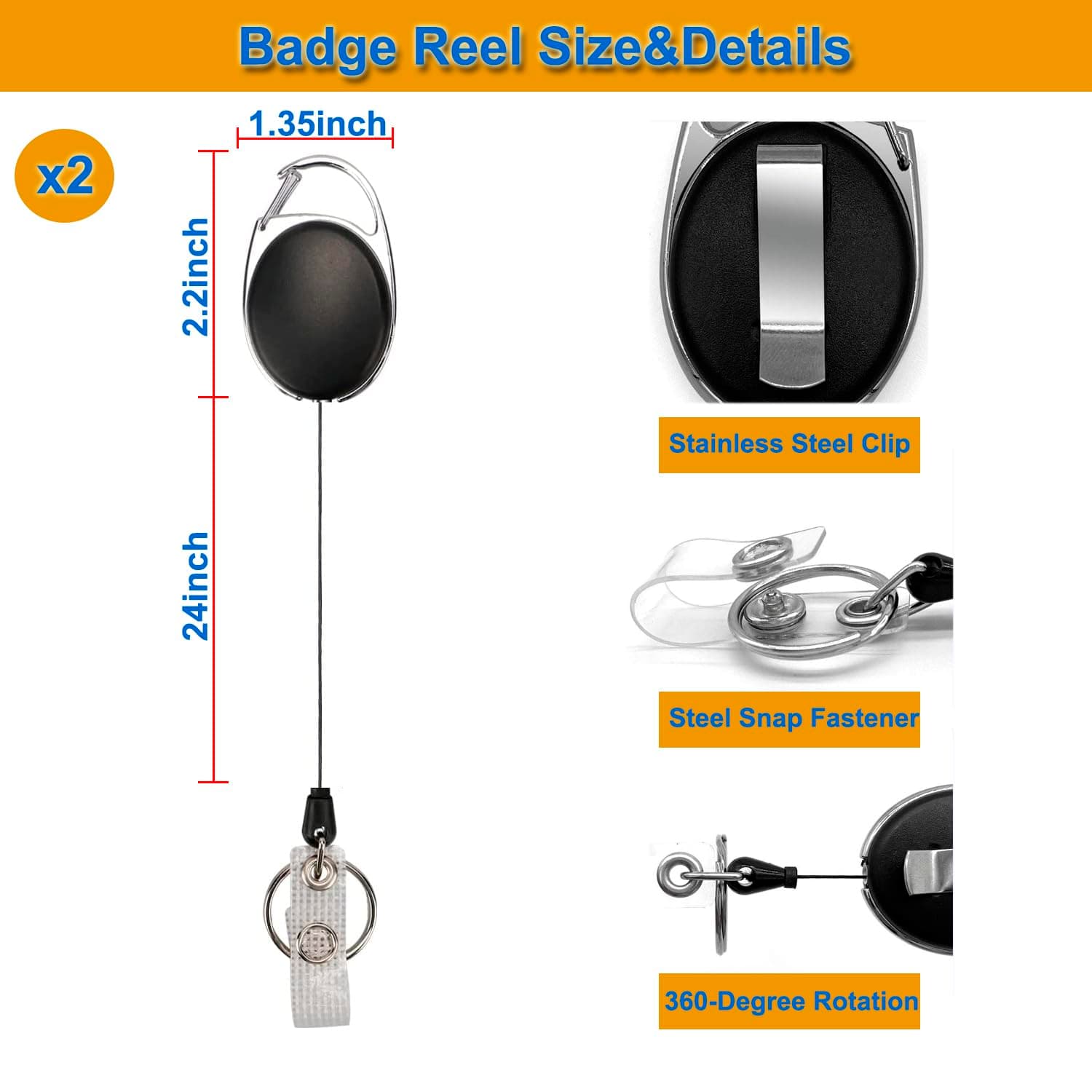 Heavy Duty Retractable Badge Holder Reel, Metal ID Badge Holder with Belt Clip Key Ring for ID Card Keychain (2-Reel and 2-Holder) thumbnail 2