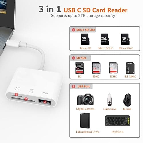 USB C SD Card Reader for iPhone 17/16/15, Memory Card Reader with SD Micro SD and USB Port, Digital Camera Adapter Compatible with iPad, Mac, MacBook Pro/Air, Kodak Pixpro and More Type C Devices thumbnail 2