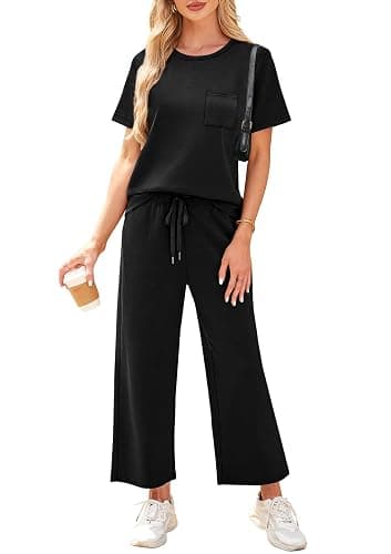 WIHOLL 2 Piece Sets for Women Casual Summer Travel Vacation Outfits Short Sleeve Wide Leg Crop Pants Lounge Sets thumbnail 2