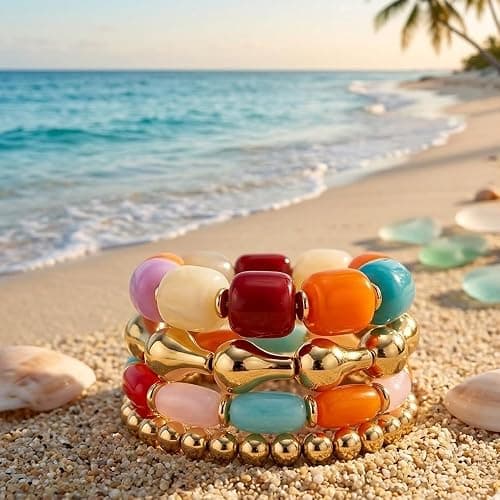 DIOWUS Colorful Beaded Bracelet Set For Women, 4pcs Gold Tone Chunky Stackable Resin Acrylic Bead Stretch Bracelets Boho Summer Beach Gift Jewelry thumbnail 3