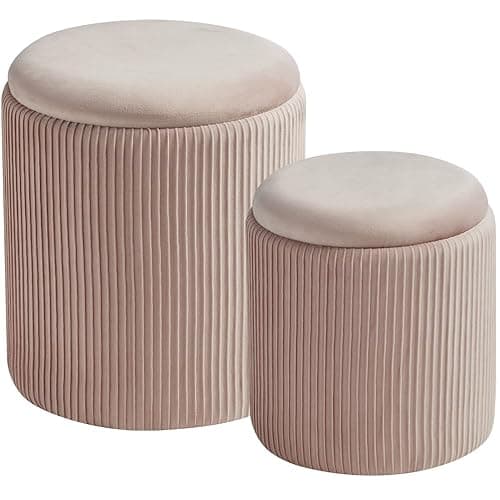 BLEXA Round Set of 2 Ottoman with Storage-Upholstered Velvet Vanity Stool for Makeup Multifunctional Ottomans Coffee Table Padded Seat Foot Rest for Living Room&Bedroom (Pink) - Pink