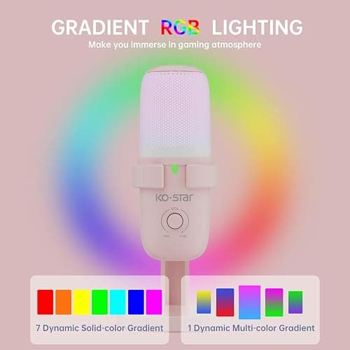 Pink USB Condenser Microphone for Gaming, PC Mic with 2 Pickup Patterns, RGB Light, Tap-to-Mute, 96KHz/24Bit for Streaming Podcast YouTube Recording, Plug & Play for PS4 PS5 Computer Accessories thumbnail 5