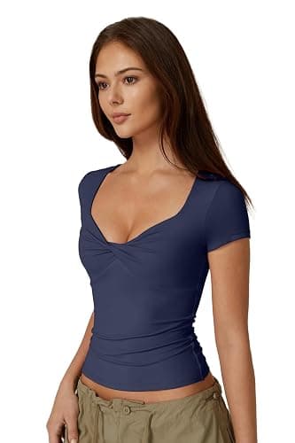 QINSEN Women's Sexy Twist Front V Neck T Shirts Double Lined Short Sleeve Slim Fit Crop Top Trendy Y2K Tops Tee thumbnail 2