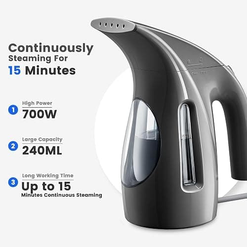 HiLIFE Steamer for Clothes, Portable Handheld Design, 240ml Big Capacity, 700W, Strong Penetrating Steam, Removes Wrinkle, for Home, Office(ONLY FOR 120V)-Black thumbnail 3