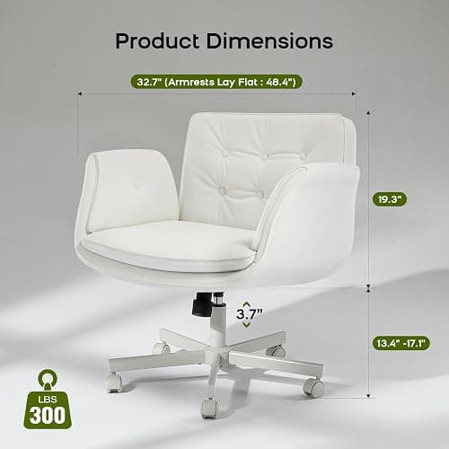 amseatec Criss Cross Chair with Armrests & Wheels, PU Leather Vanity Chair, Comfortable Adjustable Swivel Computer Office Desk Chairs for Home, Make Up, Bed Room (White) thumbnail 2