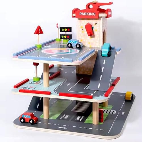 Wooden Toy Garage for Children 3+ Years with Cars Kids Car Ramp Parking 3 Level Car Park Gift Playset with Lift and Road Signs thumbnail 4