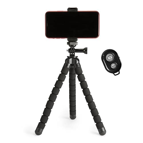 Amazon Basics Portable and Flexible Tripod with Wireless Remote and Smartphone Clamp, 10-inch long, Black - Image 1