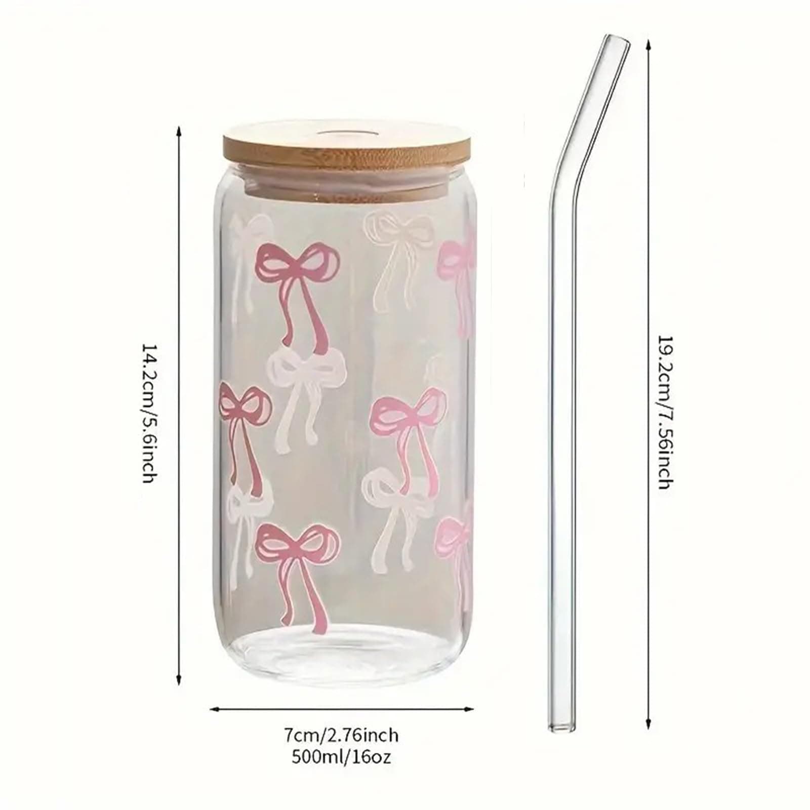 Pink Bow Tumbler with Straw and Lid Aesthetic Glass Cups Iced Coffee Cup Pink Cute Glass Cups 17oz Tumbler Smoothie, Gifts for Girls Women Friends, 520ml thumbnail 2