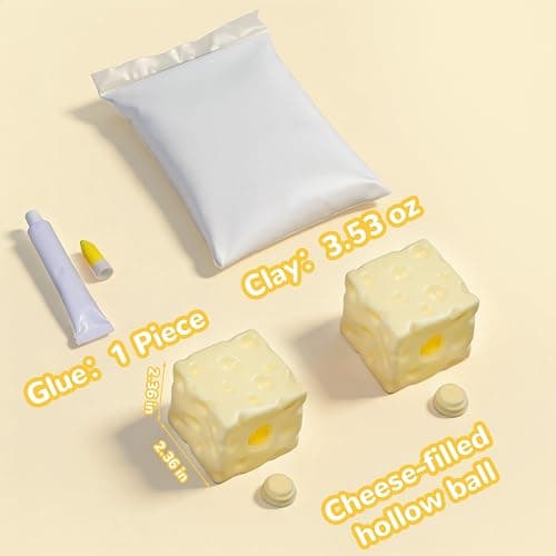 2Pcs Cheese Squishy Skin Stress Ball Making Kit - Easy Handmade Sensory Squishy Toys | Includes 2 Cheese-Shaped TPR Skins and 3.5 oz Filler; ASMR Craft Anxiety Relief Slow-Rising Cheese Squishies thumbnail 3