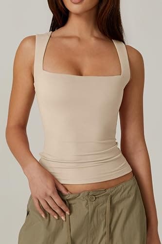 QINSEN Women's Square Neck Sleeveless Double-Layer Tank Tops Basic Tight T Shirts thumbnail 5