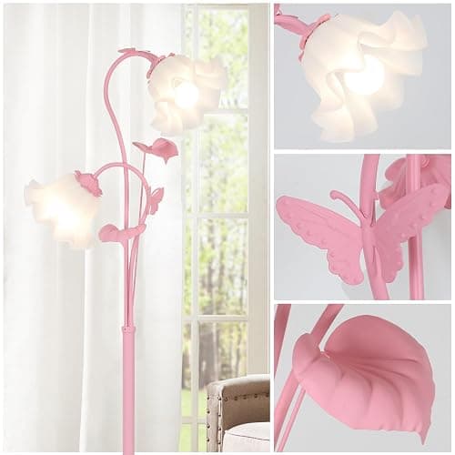 HMVPL Pink Flower Floor Lamp, Floral Standing Lamp with 2 LED 5W Blubs, Foot Switch, Modern Corner Tall Lamp with Acrylic Shade, Girls Cute Floor Lamp for Living Room Bedroom Office Kids Reading thumbnail 3