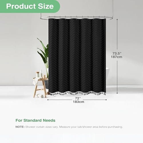 Dynamene Boho Farmhouse Shower Curtain, Black Fabric Tufted Chevron Striped Textured Tassel Shower Curtains for Bathroom, Water Repellent, Minimalist Ruffled Cloth Shower Curtain Set with Hook, 72x72 - Black - 72"W x 72"L (Pack of 1) thumbnail 2