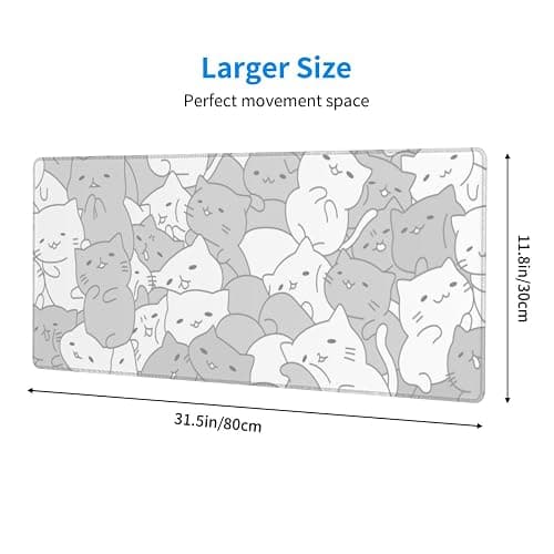 White Kawaii Cats E-Sport Mouse Pad Large Desk Mat Non-Slip Rubber Base Stitched Edge Keyboard Mouse Pad for Office Home E-Sport Computer Laptop, 31.5×11.8 Inches thumbnail 3