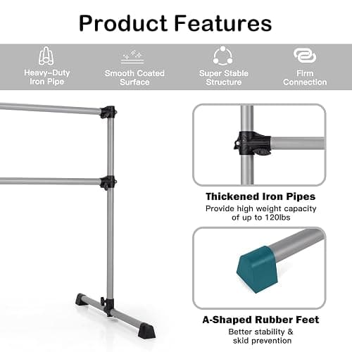 Goplus Double Ballet Barre Bar, Portable 4 FT Freestanding Dancing Bar w/ 7” - 46” Adjustable Height, Barre Exercise Equipment Bar for Home School Gym, Ballet Bar for Kids & Adults thumbnail 2