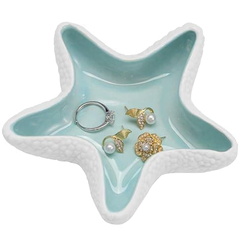 Jewelry Dish Tray For Coastal Beach Room Decor,Cute Ceramic Ring Holder Gift For Women Sister Mom Friend ,Decorative Trinket Jewelry Organizer Tray For Rings Earrings Necklaces ets (Blue starfish) - Image 1