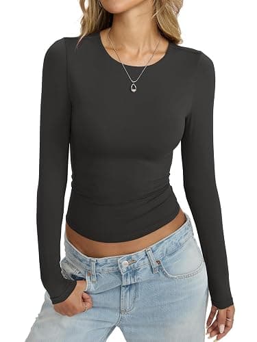 EasyGala Womens Double Lined Seamless Crew Neck Shirts Basic Long Sleeve Tops Sexy Slim Fit T Shirts Casual Fall Clothes thumbnail 2