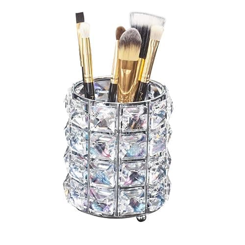 LUGUNU Makeup Brush Holder Organizer Golden Crystal Bling Personalized Gold Comb Brushes Pen Pencil Storage Box Container (Crystal Pot-Sliver) - Image 1