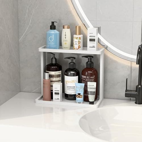 PEKER Bamboo Bathroom Organizer Countertop – Small Vanity Storage Shelf for Makeup, Perfume, Skincare – Natural Cosmetics Display Rack for Dresser, Sink, Kitchen –White thumbnail 4