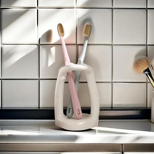 East–BrightenZF Handmade Ceramic Holder Stand for Toothbrushes, Makeup Brushes, and Pens - Minimalist Design for Bathroom Vanity and Countertops Decor (Milky White) thumbnail 3