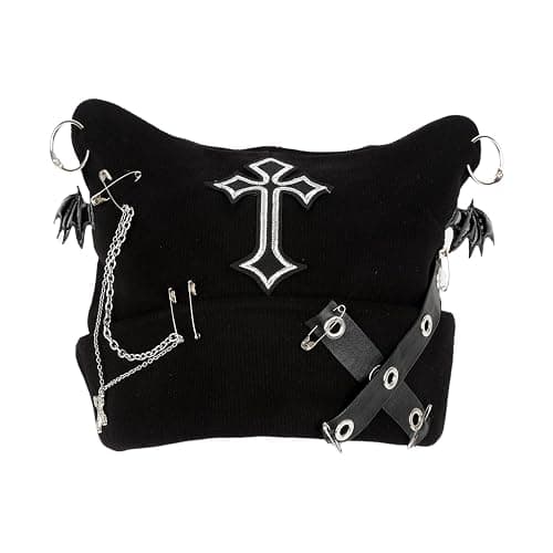 Arogheiz Womens Grunge Beanie Goth Crochet Hat, Y2K Cat Fox Ear Beanie Gothic Accessories Winter Outdoor Streetwear Black - Image 1
