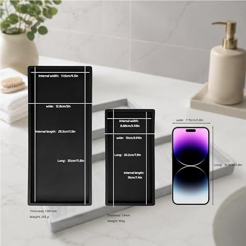 BBK Bathroom Vanity Tray- 2 Pack (7.8" and 11.8") Silicone Bathroom Tray for Counter, for Perfume Key Trinket Ring Soap Organization - Black thumbnail 4