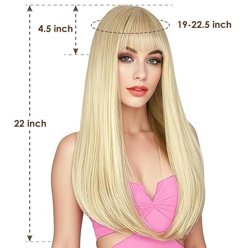 ENTRANCED STYLES Blonde Wig with Bangs, Long Straight Wigs for Women Natural Hair Wigs Synthetic Blond Wigs for Girls Daily Party Halloween Cosplay Wig 22 Inch thumbnail 2