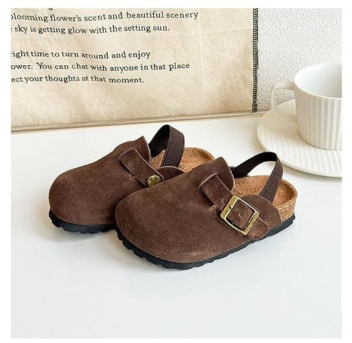 Kids Suede Clogs Toddler Clogs Boys Girls Sandals Cork Adjustable Buckle Mules - 4-5 Toddler - Coffee thumbnail 4