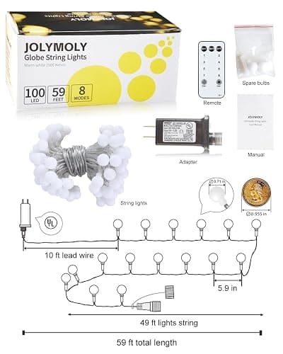Globe String Lights, 59 Ft 100 LED Christmas Lights with Remote Timer, Connectable Plug in Twinkle Lights for Bedroom Wedding Classroom Indoor Outdoor Decor, Warm White thumbnail 7