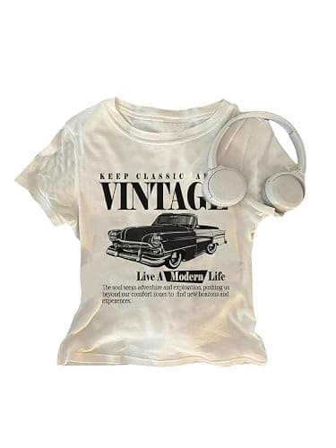 Floerns Women's Letter Vintage Car Print T Shirts Crew Neck Short Sleeve Y2k Crop Tops - Image 1