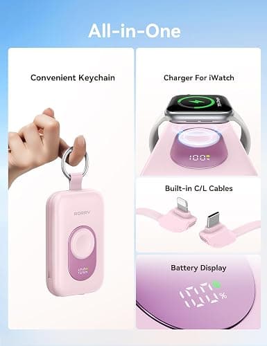 RORRY Portable Charger, 20000mAh PD 30W Portable Charger Power Bank with 2 Built-in Cables, Super Fast Charging Battery Pack with Keychain, Travel Essentials for iPhone, Apple Watch, iPad, Mulberry thumbnail 2