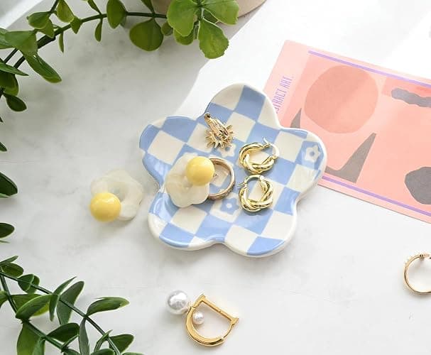 OVENKEI Teen Girls Gifts Trendy Stuff Aesthetic Room Decor Bedroom Decor Aesthetic Preppy Room Decor Aesthetic Stuff Checkered Jewelry Tray, Blue thumbnail 5